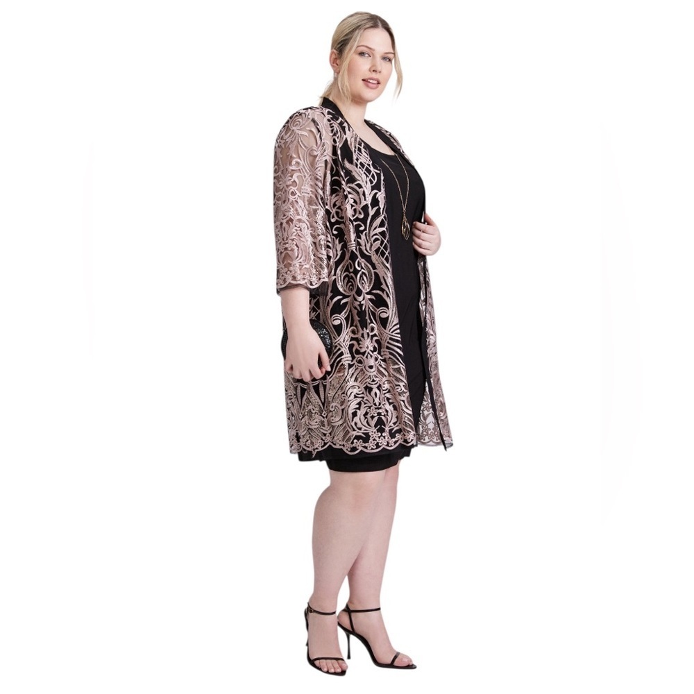 Laura Plus 14+, Lace Open Front Duster Jacket, Plus Size 14W, Black, Pink - Picture 3 of 9